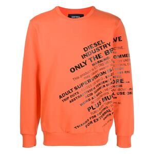 DIESEL Warning Print Sweatshirt In Orange Black Long Sleeve Crew neck Men's S